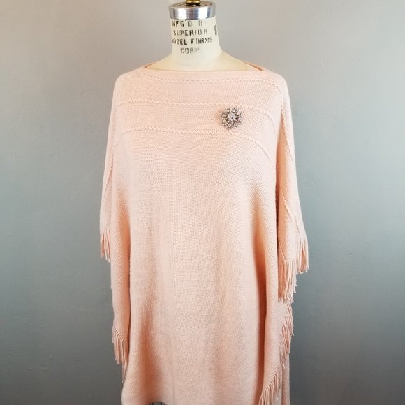 Super Soft Blush Pink Shawl Sweater Poncho with Fringe by Layers by Lizden - Picture 1 of 8